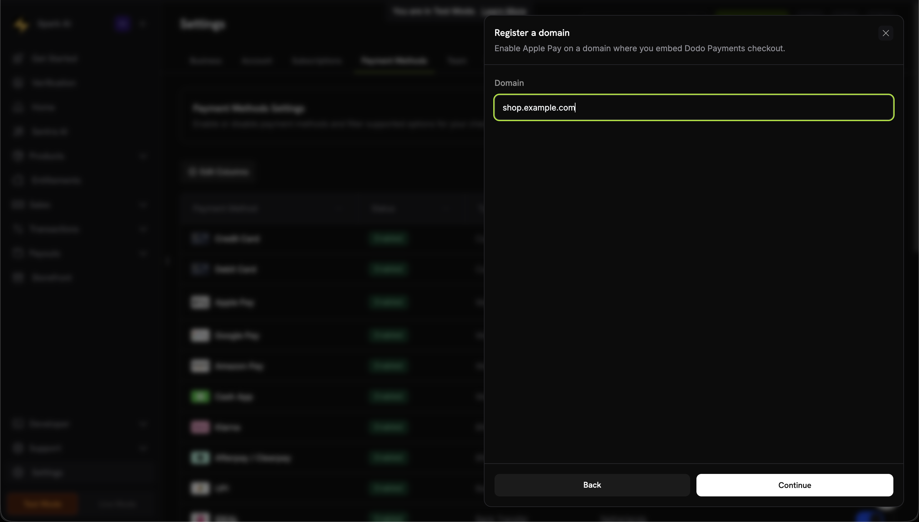ドメインが入力された登録ドメインフォーム
