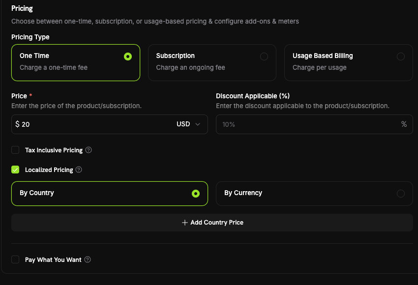 Localized Pricing enabled on the product form with By Country selected